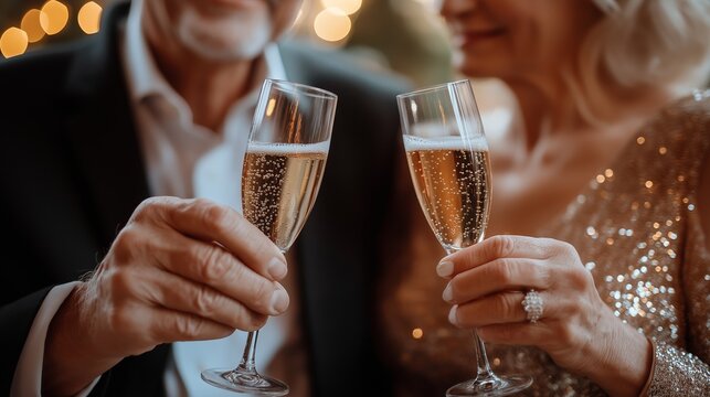 Elegant elderly couple toasting with champagne at a wedding celebration. Love, romance, and timeless commitment concept.