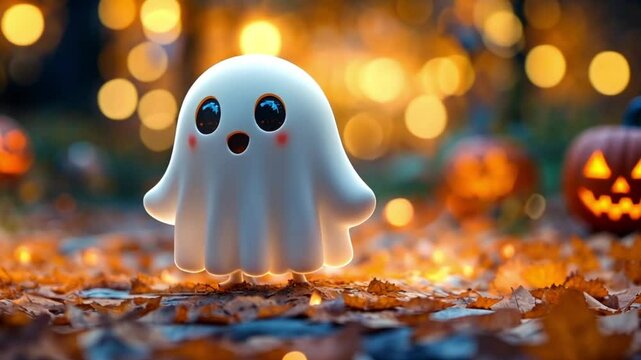 Cute ghost on autumn leaves with jack-o'-lanterns. Possible use Halloween, children's book, greeting card