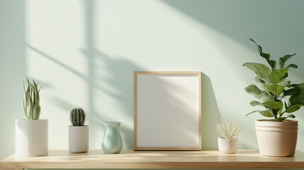 Blank frame mockup on wooden shelf with plants and soft sunlight