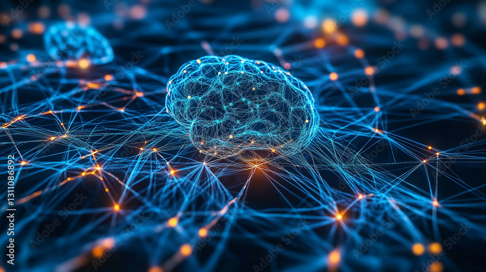 Poster abstract digital brain neural network connections technology web data blue dark mesh nodes lines
