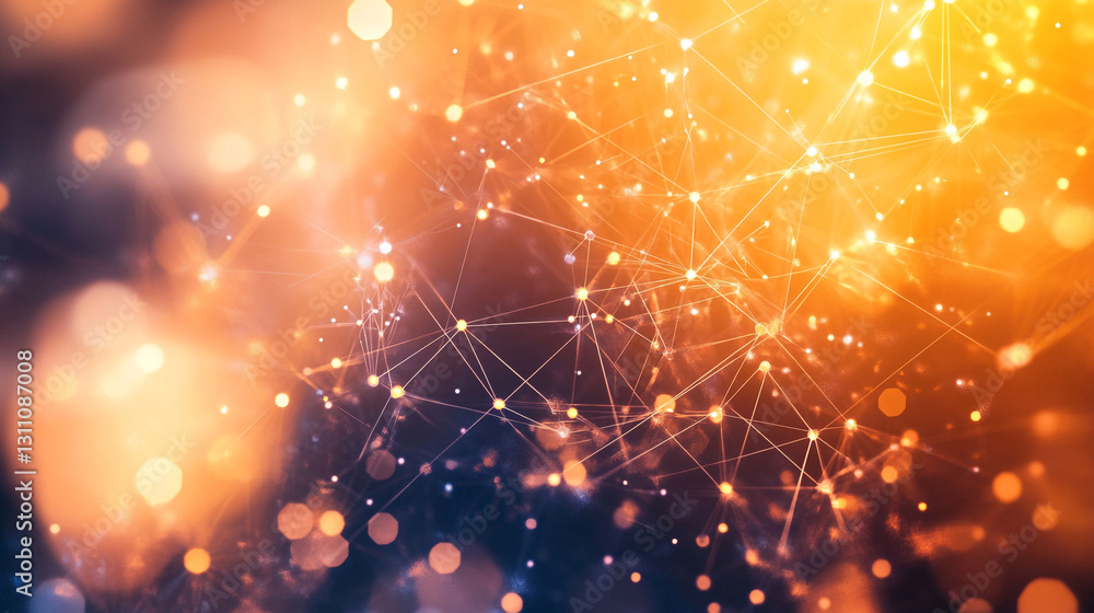 Poster abstract orange and blue network connection background image data dots lines light points bright