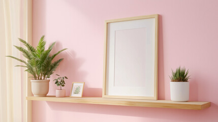 Minimalist mockup with blank frame on wooden shelf against pink wall