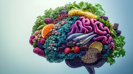 Scientific arrangement showing cross-section of brain formed from colorful brain-boosting foods, fresh sardines, chia seeds, vibrant kale leaves, purple acai berries, dark chocolate pieces, golden