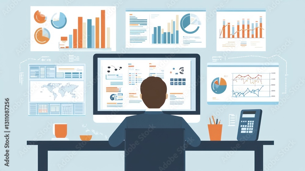 Poster businessman analyzing data on computer, charts and graphs in background. possible use stock photo fo