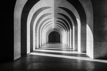 Fototapeta premium Arcade's Architectural Echo: A symmetrical arcade, bathed in monochrome hues, creates a play of light and shadow