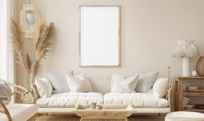 A modern living room with a white couch. rattan furniture. and a blank poster frame