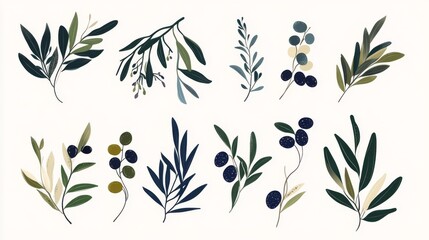 Naklejka premium sophisticated olive harvest graphics, modern vector illustrations, pastoral landscape elements, simplified nature motifs, elegant botanical symbols, mediterranean aesthetic