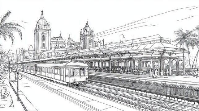 Sophisticated Mumbai heritage line illustration, CST Station Gothic details, Hanging Gardens, Haji Ali Dargah, local trains packed with commuters, street food vendors, Juhu Beach scenes, Colaba