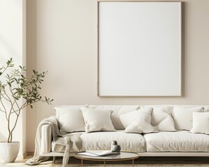 A minimal living room interior with a white sofa. a large blank frame on the wall. and a small coffee table with a book