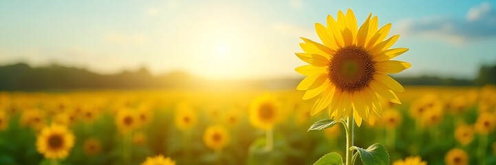 Obraz premium Sunflower Close-Up in Vibrant Field, Warm Sunrise