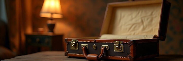 Vintage Leather Suitcase on Wooden Surface, Warm Cozy Lighting