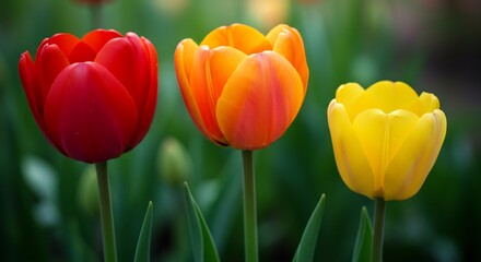Vibrant tulips glow softly in warm light. AI Generated