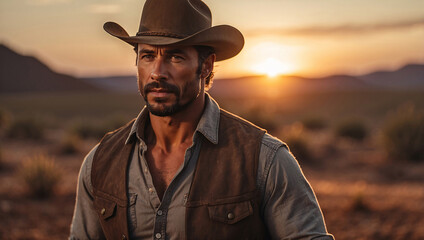 Rugged Cowboy with Hazel Eyes at Sunset