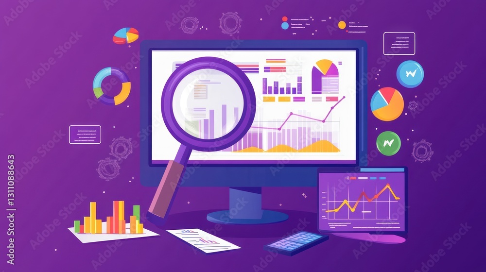 Poster data analysis on computer screen, graphs, charts, and reports
