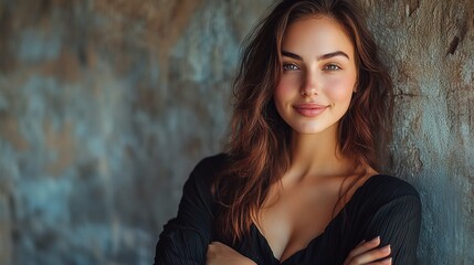 Confident Woman Posing with Crossed Arms Against a Textured Wall