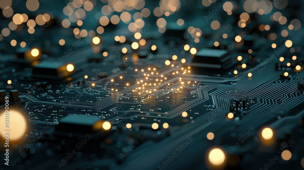 Poster a close up shot of a circuit board with illuminated pathways and nodes, representing the intricate w