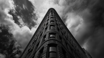 Low angle view of a tall, dark building against a cloudy sky.