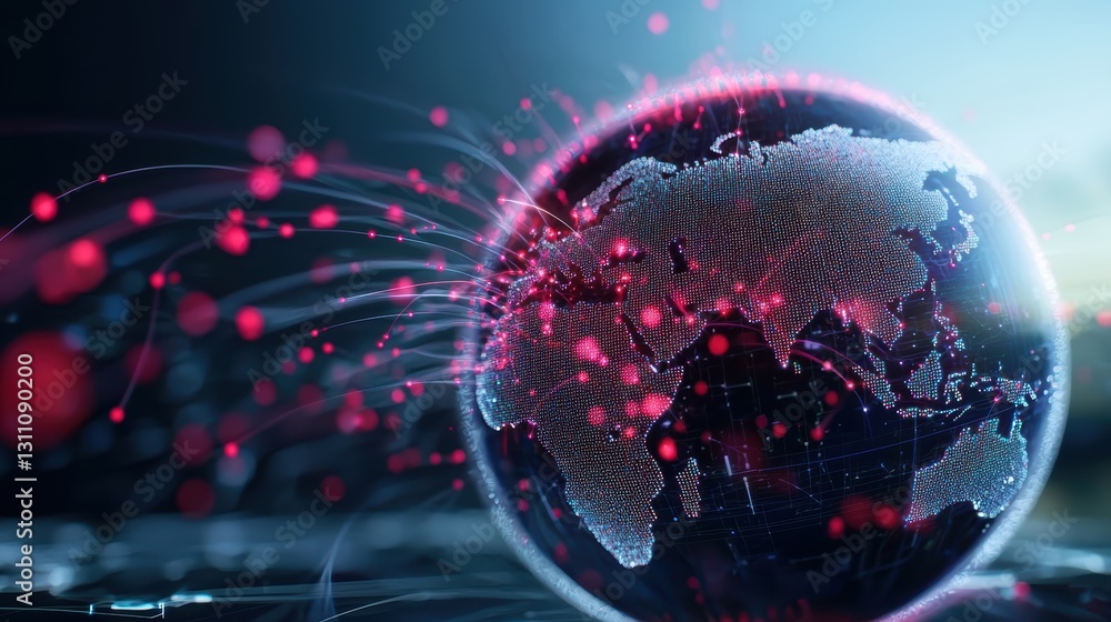 Poster a rotating globe with intricate, glowing lines and data points connecting continents, illustrating g