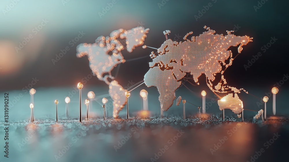 Poster abstract world map formed by a network of interconnected nodes and lines, symbolizing the interconne