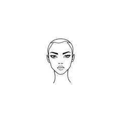 Minimalist Black Line Drawing of Stylized Female Face with Angular Features on White Background