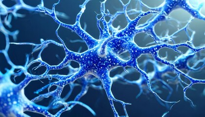 Vibrant neurons firing and transmitting intricate signals, revealing interconnected neural pathways against deep blue background representing cognitive complexity