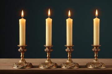three candles are lit on a wooden table with a dark background