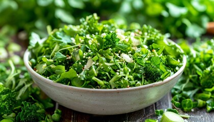 Green vegetable salad featuring microgreens, parsley, spring onions, broccoli florets, and hemp seeds, presenting nutrient rich detox meal in ceramic bowl