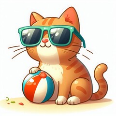 Cute cat with sunglasses and a beach ball, enjoying summer vibes