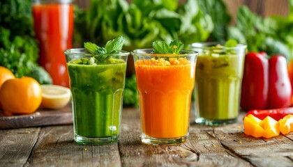 Colorful fruit and vegetable smoothies in glasses, topped with mint leaves, sitting on weathered wooden surface, showcasing fresh, healthy beverage blend