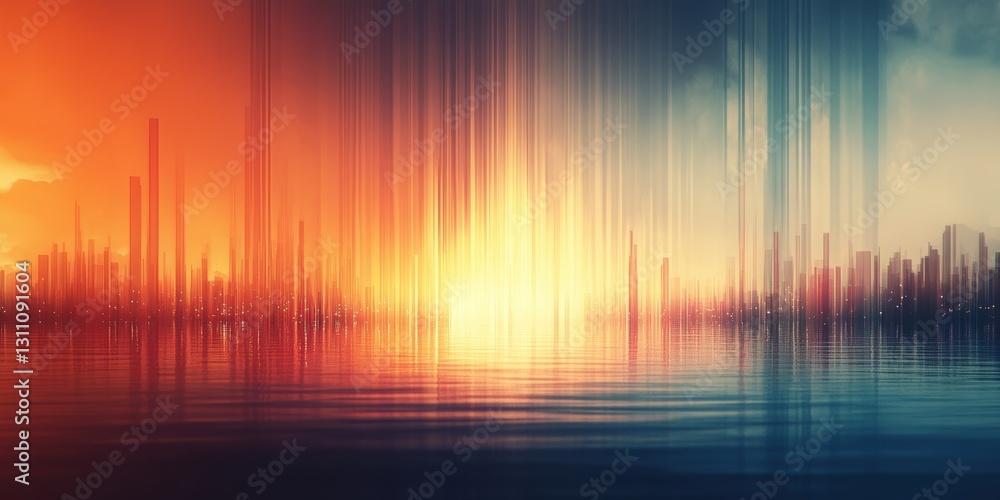 Poster abstract cityscape reflection: an abstract depiction of a cityscape reflected in water, showcasing a