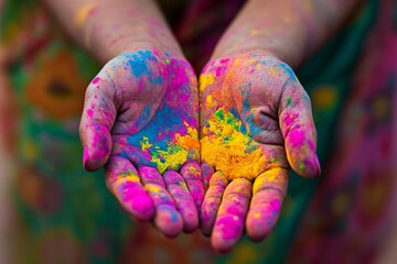 Vibrant Holi Festival Colorful Powder in Hands Close Up