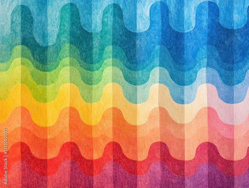Poster colorful wavy stripes: an abstract pattern of vibrant, wavy stripes, blending a spectrum of rainbow 