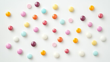 Colorful pills scattered on white surface