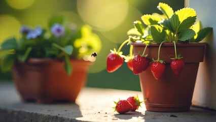 Vibrant close-up photo of fresh, ripe strawberries, bright red color and textured surface. The strawberries in natural setting. Juicy and appetizing appeal. Healthy eating, gardening, summer, dessert 