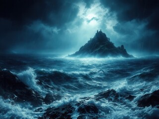 Obraz premium Mysterious island fortress surrounded by stormy sea at night
