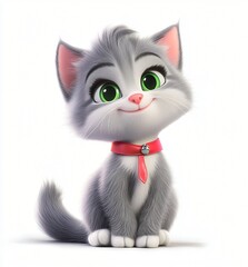 Fototapeta premium Adorable Gray Kitten with Red Collar 3D Rendered Cartoon Cat Fluffy Pet Cute Animal