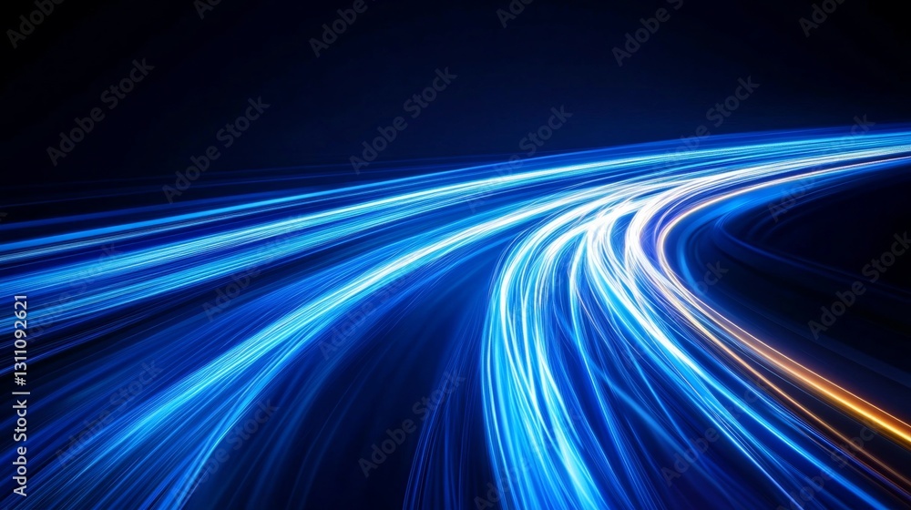 Poster bright blue light trails curve dynamically against a dark background, creating a sense of speed and 