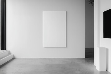 Minimalist Gallery Mockup: A contemporary gallery space with a sleek white wall, a large blank canvas ready for your design, and a minimal black frame window. The room is bathed in natural light.
