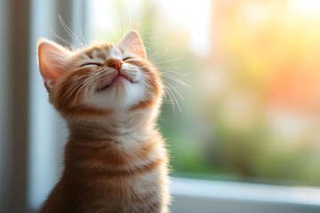 Ginger Cat  smiling. window background