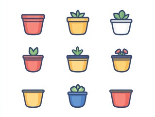 Colorful potted plants icons; gardening, home decor