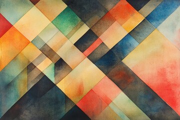 Abstract Watercolor Geometry: A captivating interplay of warm and cool hues in a geometric watercolor abstract painting.  The design features overlapping diagonal shapes.