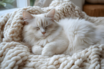 White cat sleeping peacefully on the bed