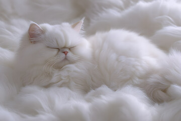 White cat sleeping peacefully on the bed
