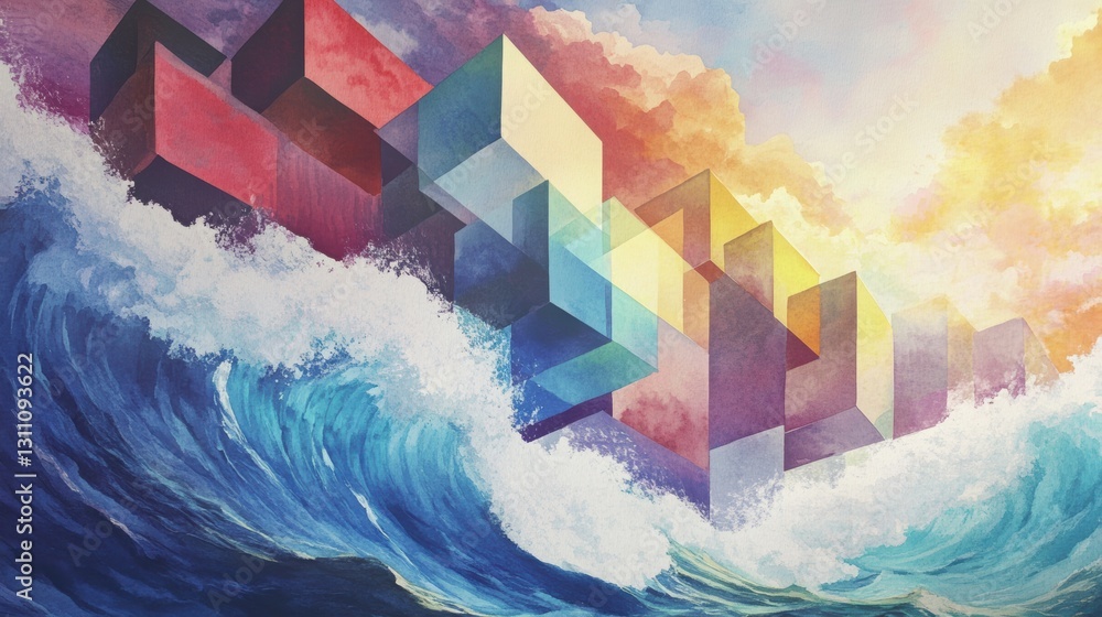 Poster waves of color: a dynamic composition of geometric blocks seemingly rising from a sea of vibrant wav