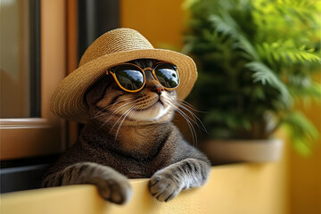 Cat wearing sunglasses and a Panama hat, enjoying the summer vibe.