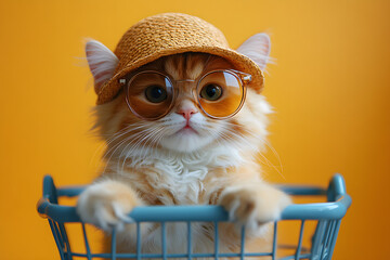 Cat wearing sunglasses and a Panama hat, enjoying the summer vibe.