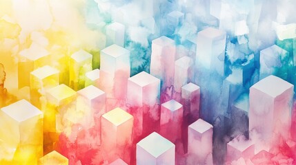 Abstract Cityscape: An imaginative cityscape, brought to life with vibrant watercolor splashes and clean architectural blocks, creates a visual symphony of modern design and artistic flair.