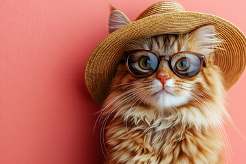 Cat wearing sunglasses and a Panama hat, enjoying the summer vibe.