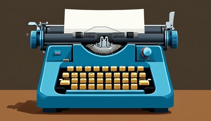 Vintage blue typewriter sitting on rustic wooden surface, white paper waiting, symbolizing classic writing and nostalgic communication era