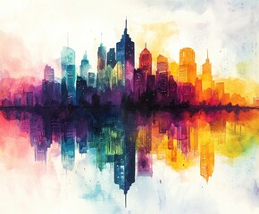 Obraz premium Colorful City Skyline: A vibrant and colorful watercolor painting depicts a modern city skyline reflecting in water, capturing the essence of urban life with a splash of artistic flair.